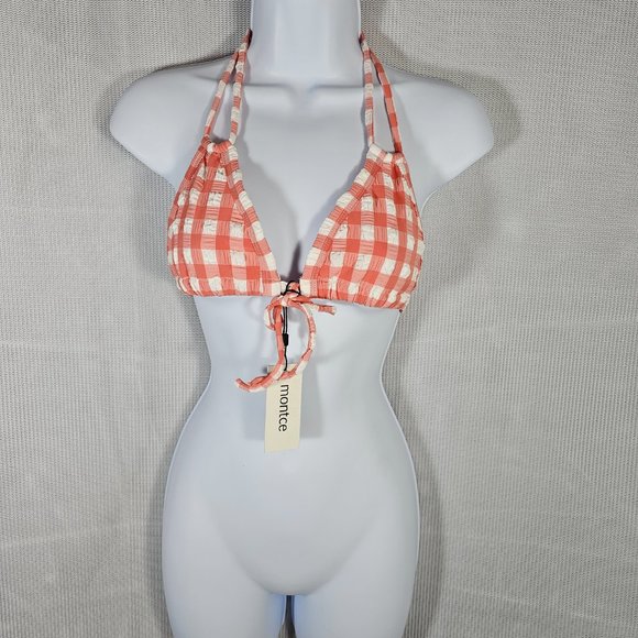 Montce Swim Shrimp Gingham Euro Bow Bikini Top Pink Size LARGE, Fit Medium - NWT - Picture 3 of 8